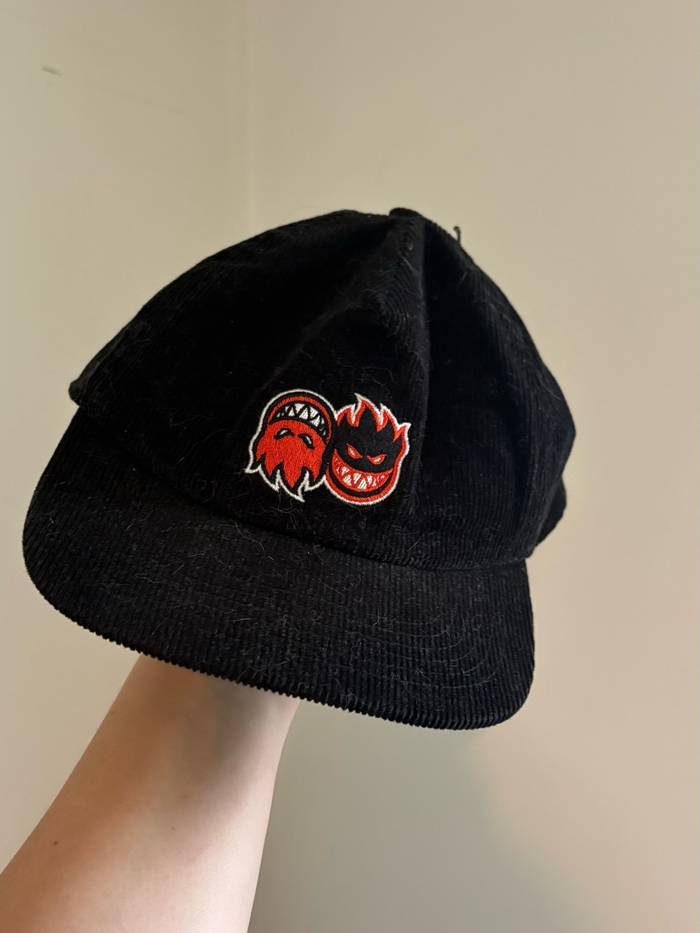 Spitfire Black Corduroy Cap with Red Flame Patch